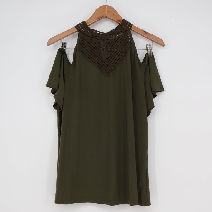 Perception Concept Olive Green Cold Shoulder Crochet Lace High Neck Top XL