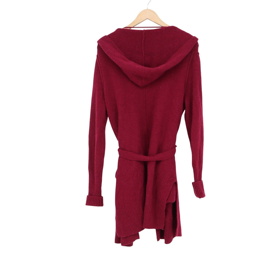 GAP Womens XS Red Wine Boucle Hooded Longline Belted Cardigan Sweater