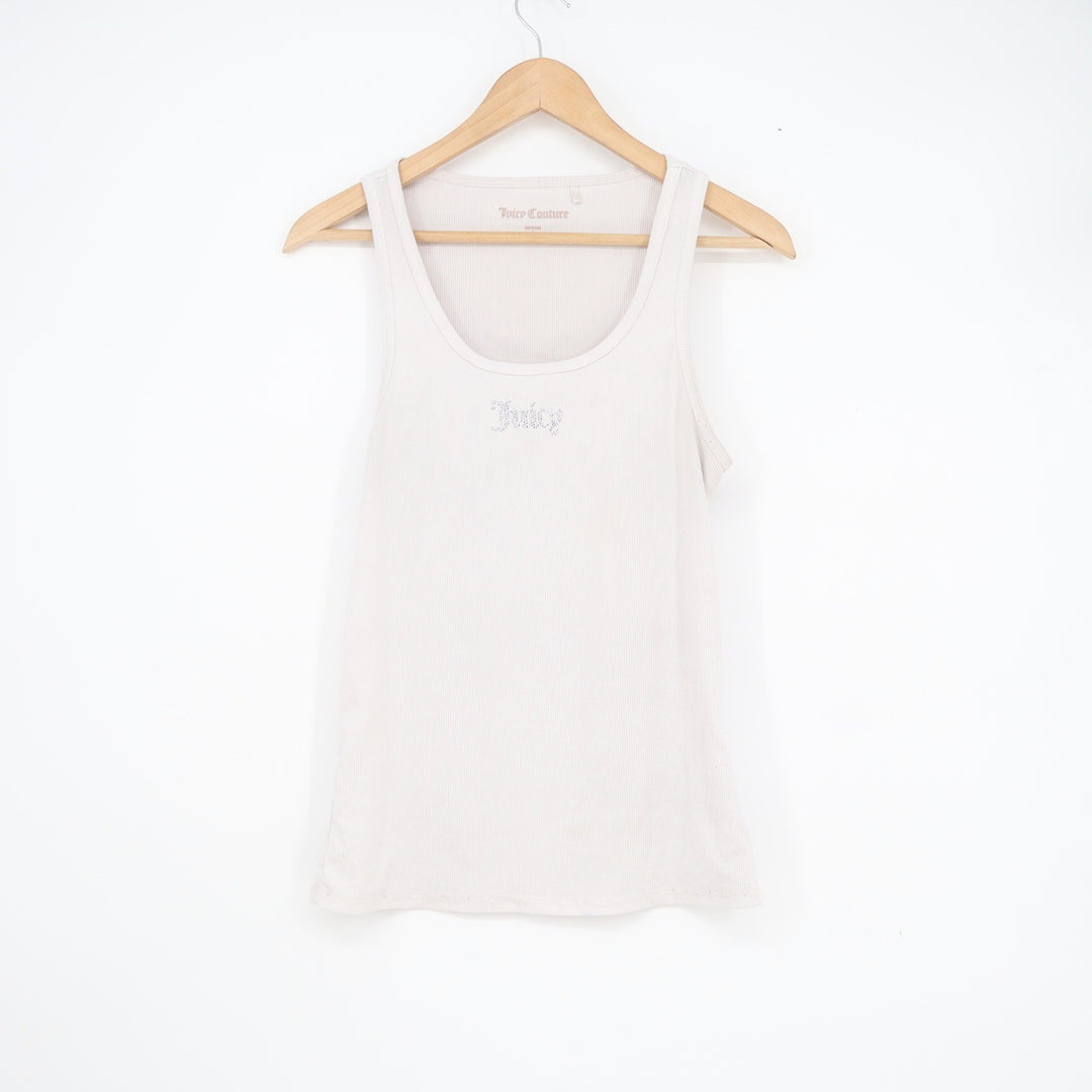 Juicy Couture Womens Ribbed Tank Top Cream Rhinestone Logo Y2K Size L
