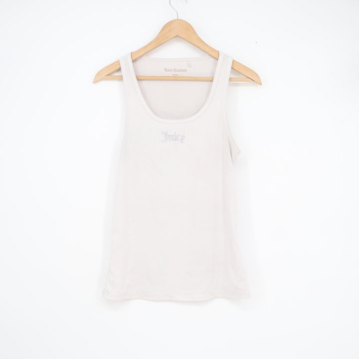 Juicy Couture Womens Ribbed Tank Top Cream Rhinestone Logo Y2K Size L