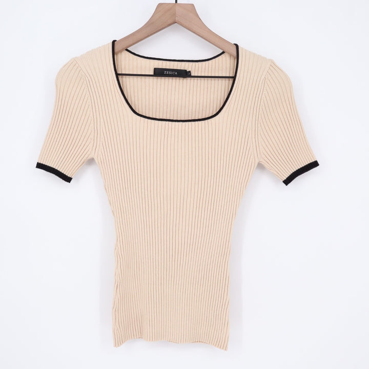 Zesica Ribbed Top Womens Large Beige Knit Square Neck Contrast Trim Short Sleeve
