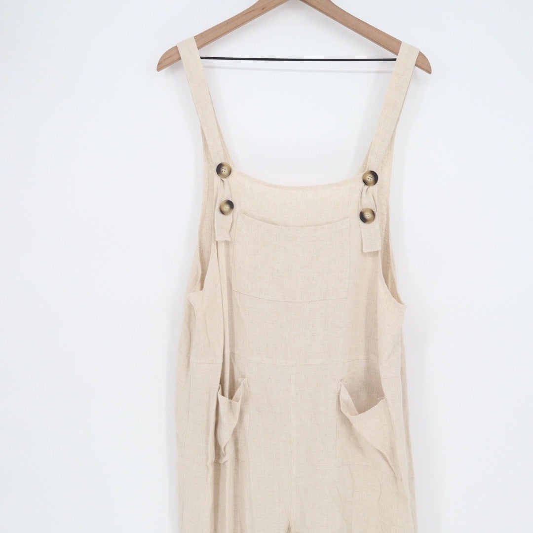 Umgee USA Linen Blend Overalls Jumpsuit Beige Tan Cropped Pants Size L