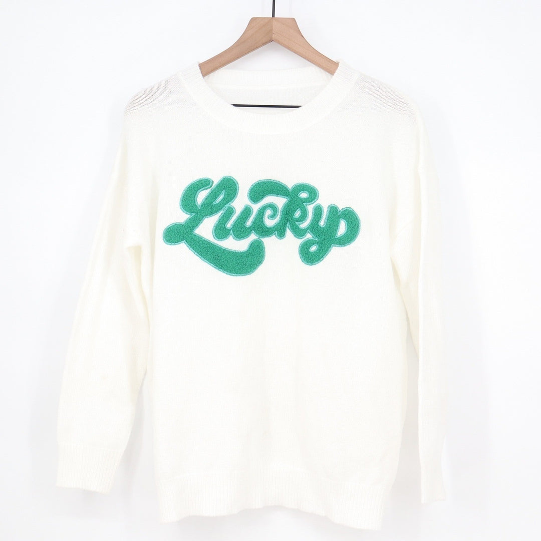 White Lucky Chenille Patch Graphic Knit Sweater Green Script Crewneck Large