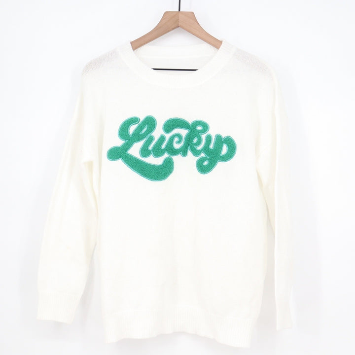 White Lucky Chenille Patch Graphic Knit Sweater Green Script Crewneck Large