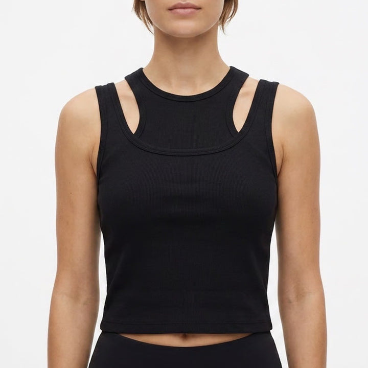 Layered Tank Top Womens Black Round Neck Wide Strap Activewear Yoga Running