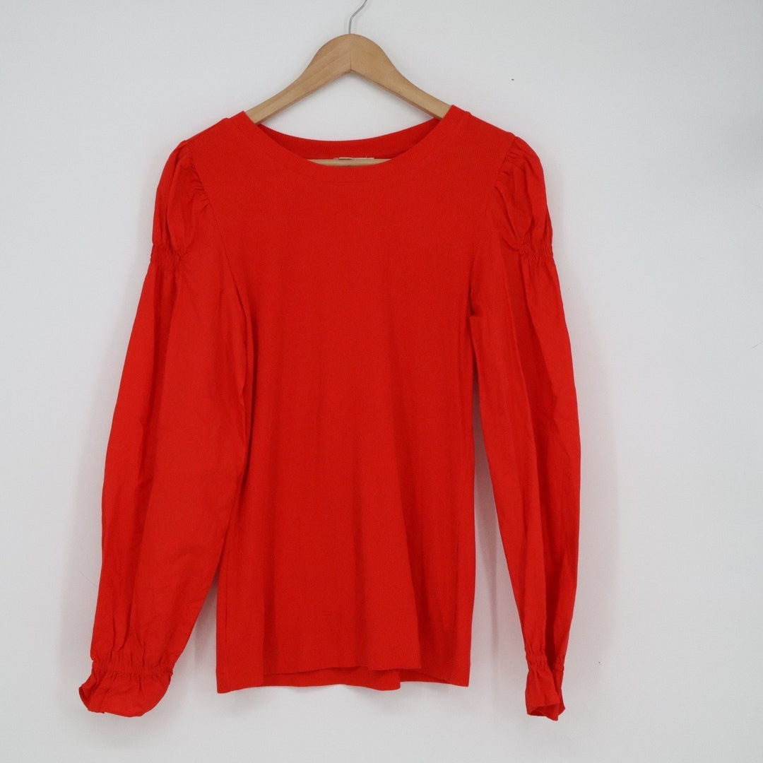 LOFT Red Puff Sleeve Ribbed Knit Top Medium Smocked Cuff Crew Neck