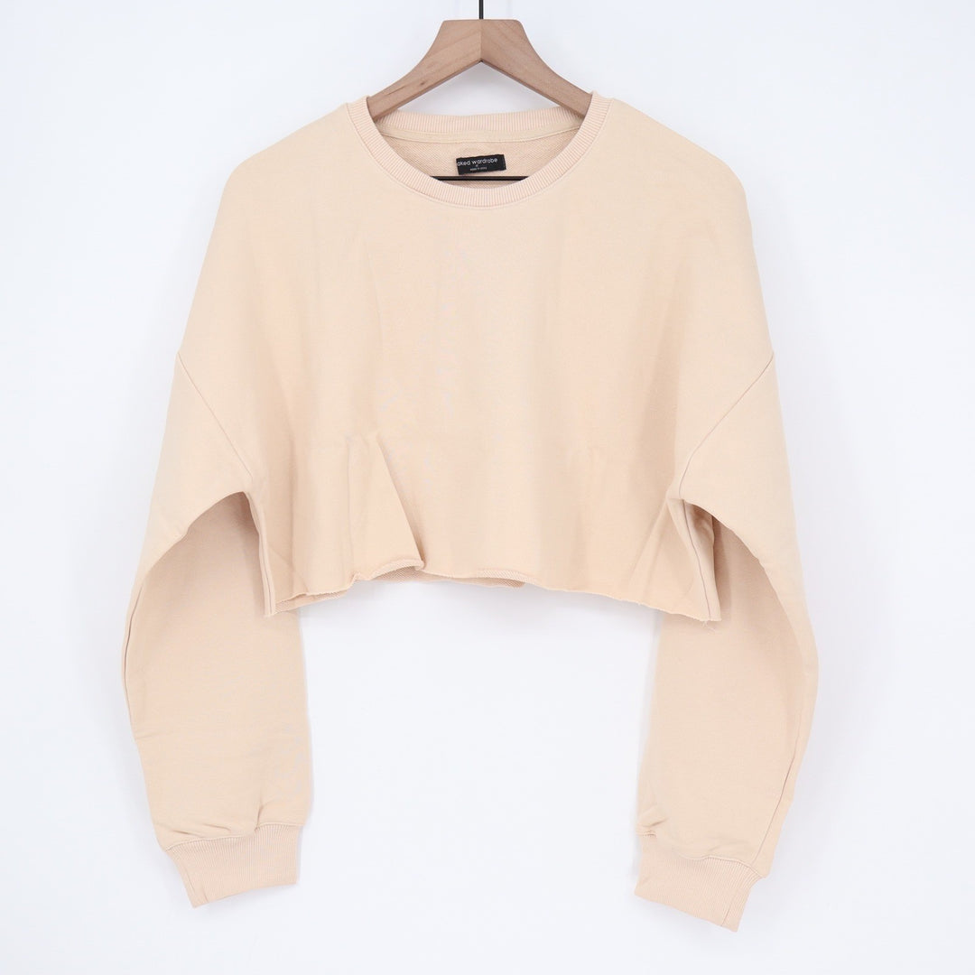 Naked Wardrobe Cropped Sweatshirt XL Beige Nude Raw Hem Long Sleeve