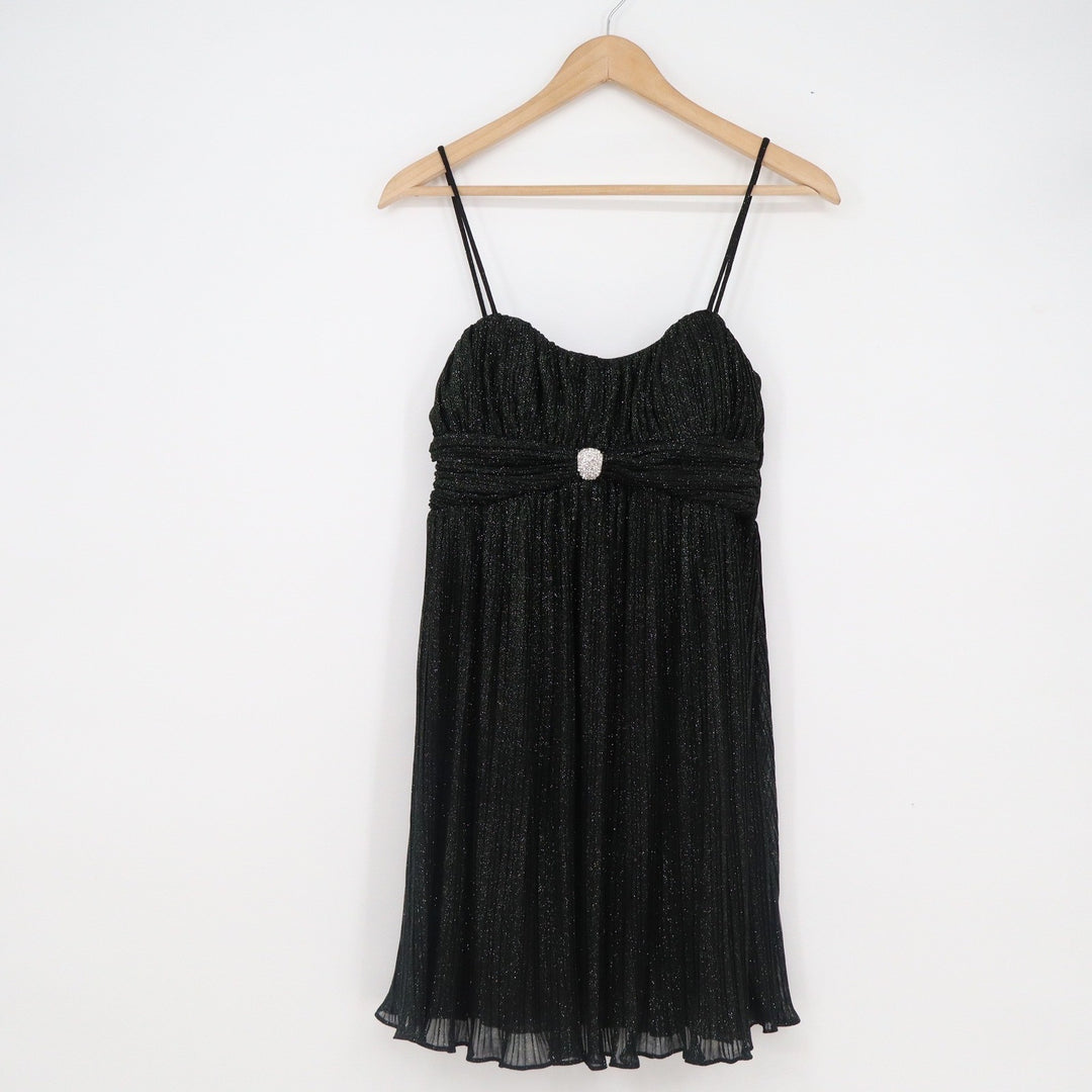 Morgan & Co Womens Black Metallic Shimmer Pleated Mini Dress Rhinestone Size S