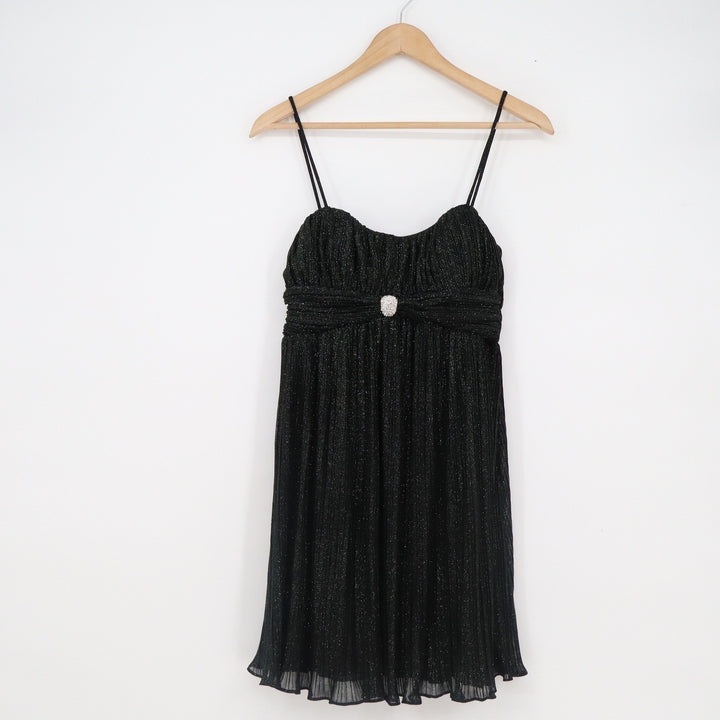 Morgan & Co Womens Black Metallic Shimmer Pleated Mini Dress Rhinestone Size S
