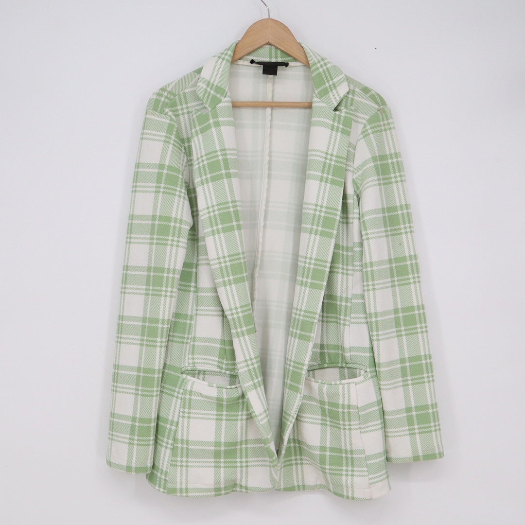 Coco and Shay Womens XL Green White Plaid Open Front Longline Blazer Jacket