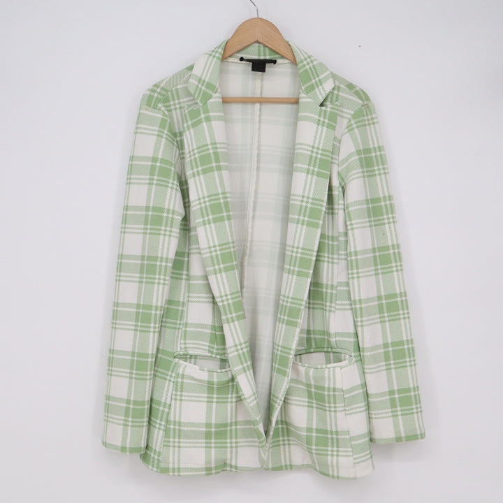 Coco and Shay Womens XL Green White Plaid Open Front Longline Blazer Jacket