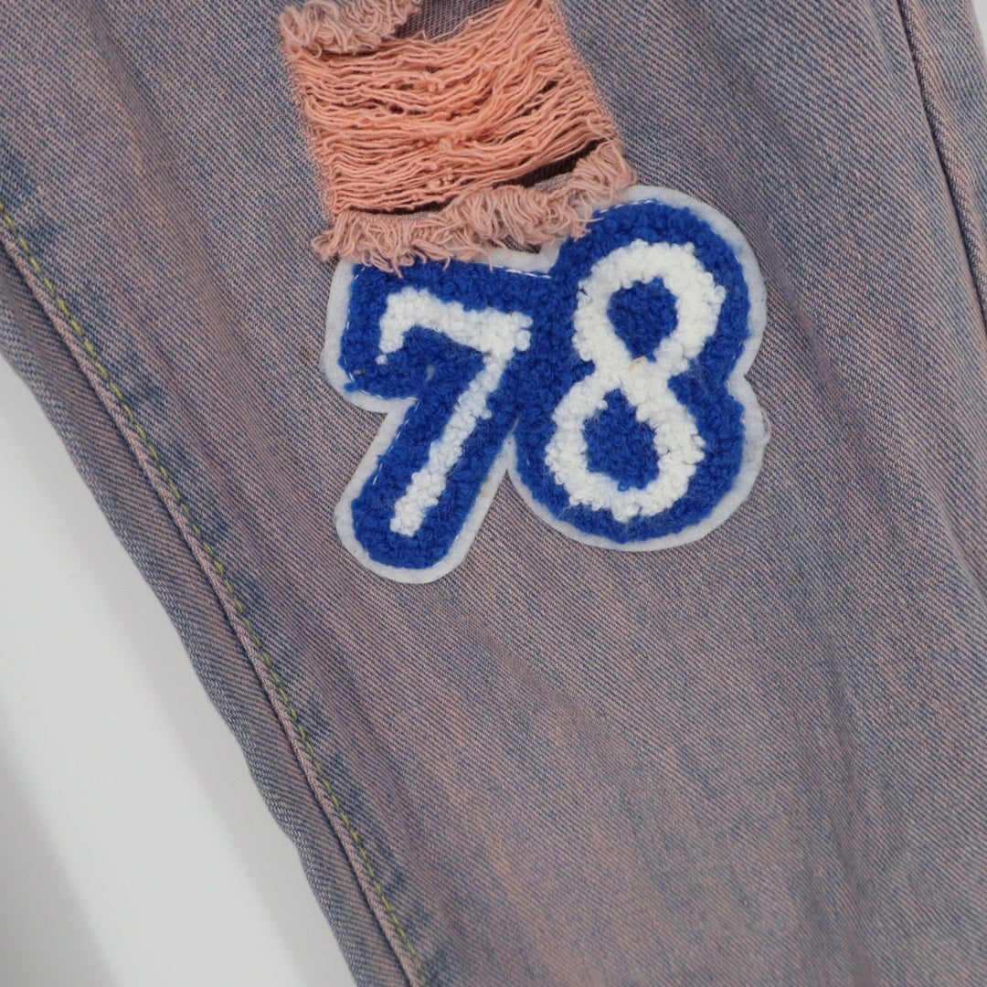 Pink Blue Ombre Distressed Jeans Teddy Bear Varsity Patch Streetwear Size 32