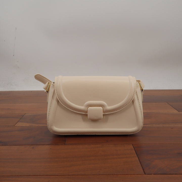 Cream Structured Faux Leather Shoulder Bag Minimalist Gold Hardware KLR 155