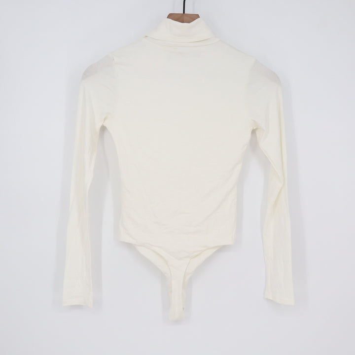 Naked Wardrobe Turtleneck Long Sleeve Bodysuit Cream Small Solid Base