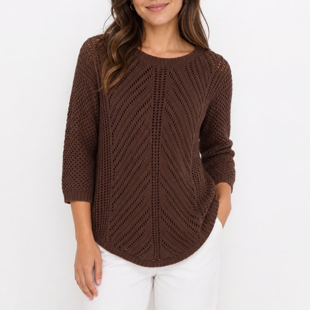 Andrea Jovine Brown Open Knit Chevron Crochet Sweater 3/4 Sleeve Womens Medium