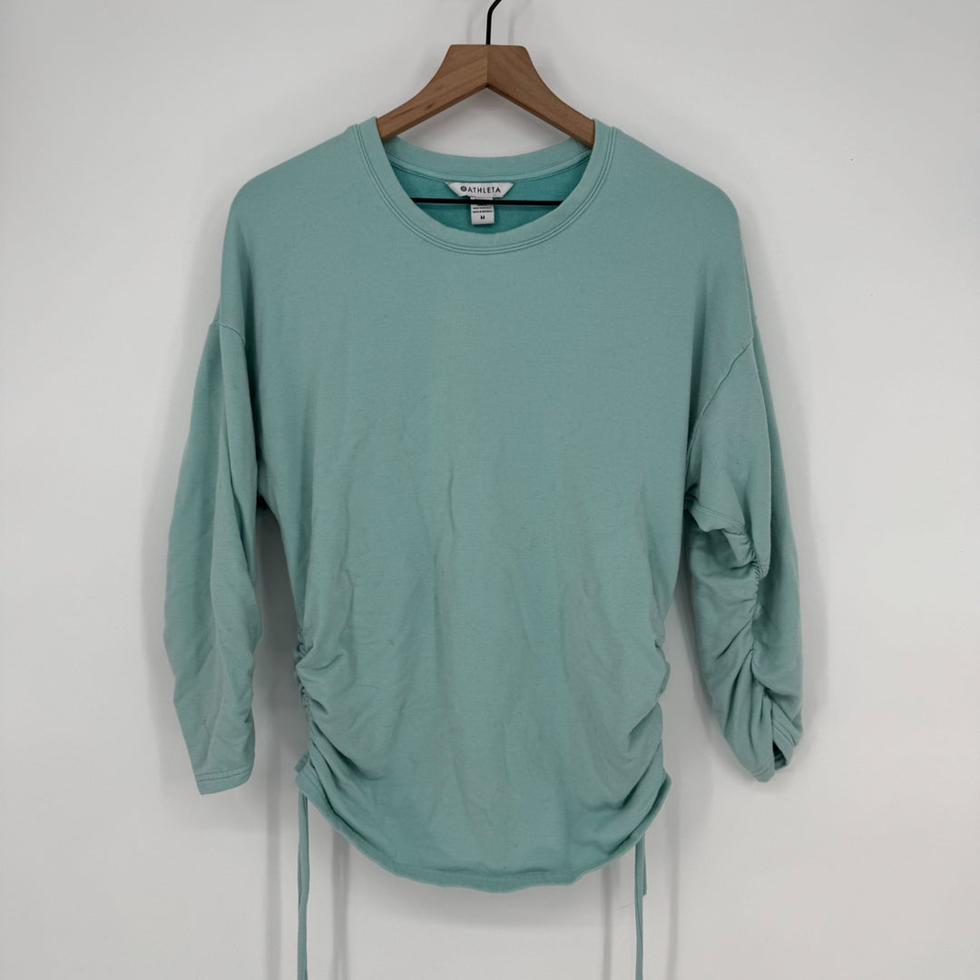 Athleta Lombard Ruched Sweatshirt Womens Medium Mint Blue Stretch Down Shoulder