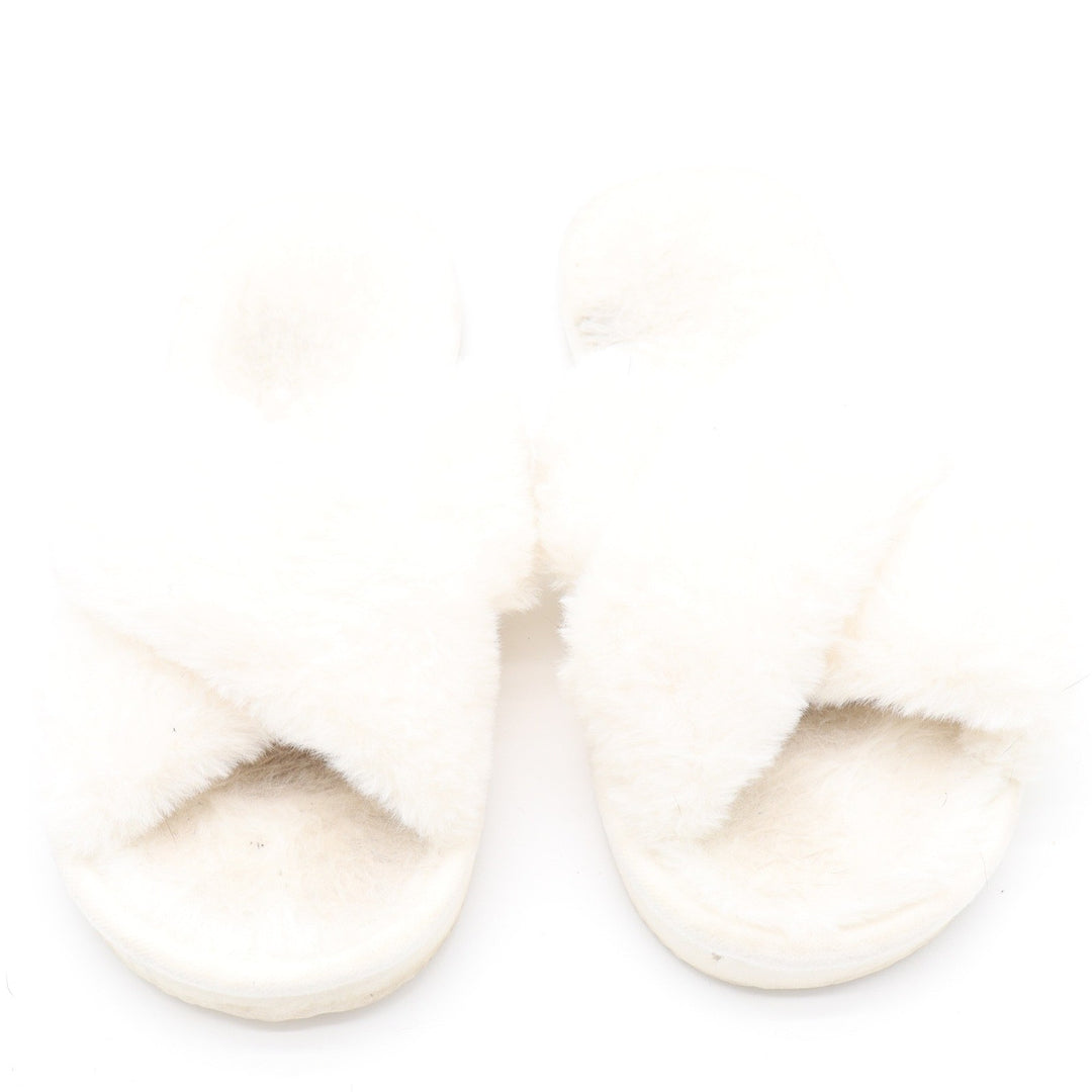 White Faux Fur Cross Strap Slide Slippers Women Size 42/43 House Shoes Cozy