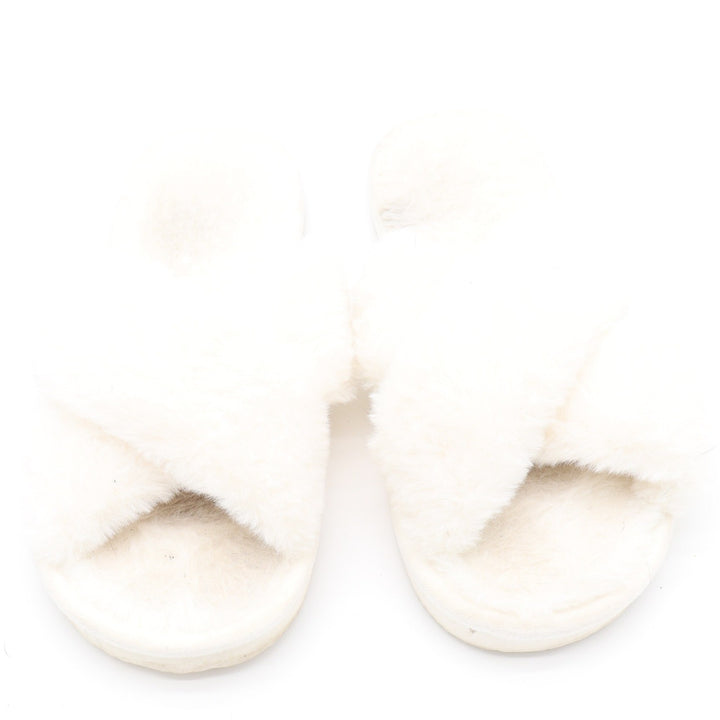 White Faux Fur Cross Strap Slide Slippers Women Size 42/43 House Shoes Cozy