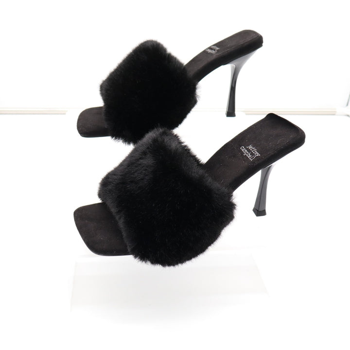 Jeffrey Campbell Utopic Slide Womens US 7.5 Black Faux Fur Stiletto Heel Sandals