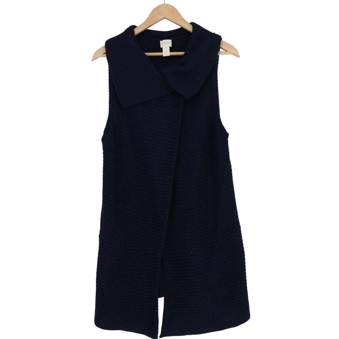 Chicos Navy Blue Ribbed Knit Wool Blend Shawl Collar Longline Cardigan Vest 1 M