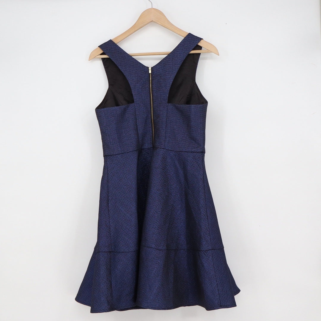 Express Navy Blue Metallic Textured Fit and Flare V-Neck Cocktail Dress Size 10