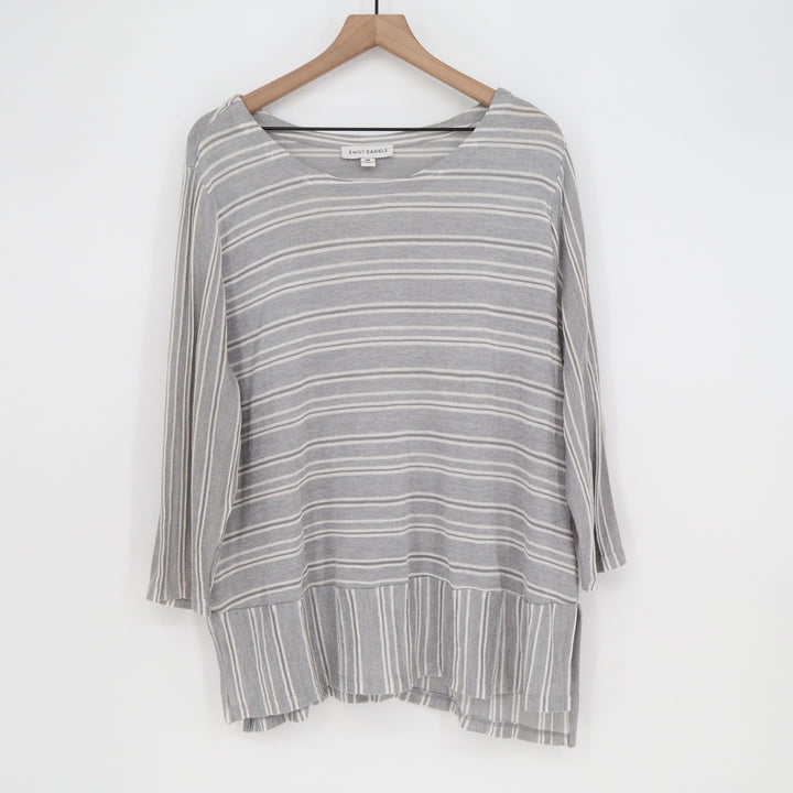Emily Daniels Top Womens 2X Tunic Grey White Striped 3/4 Sleeve Excellent