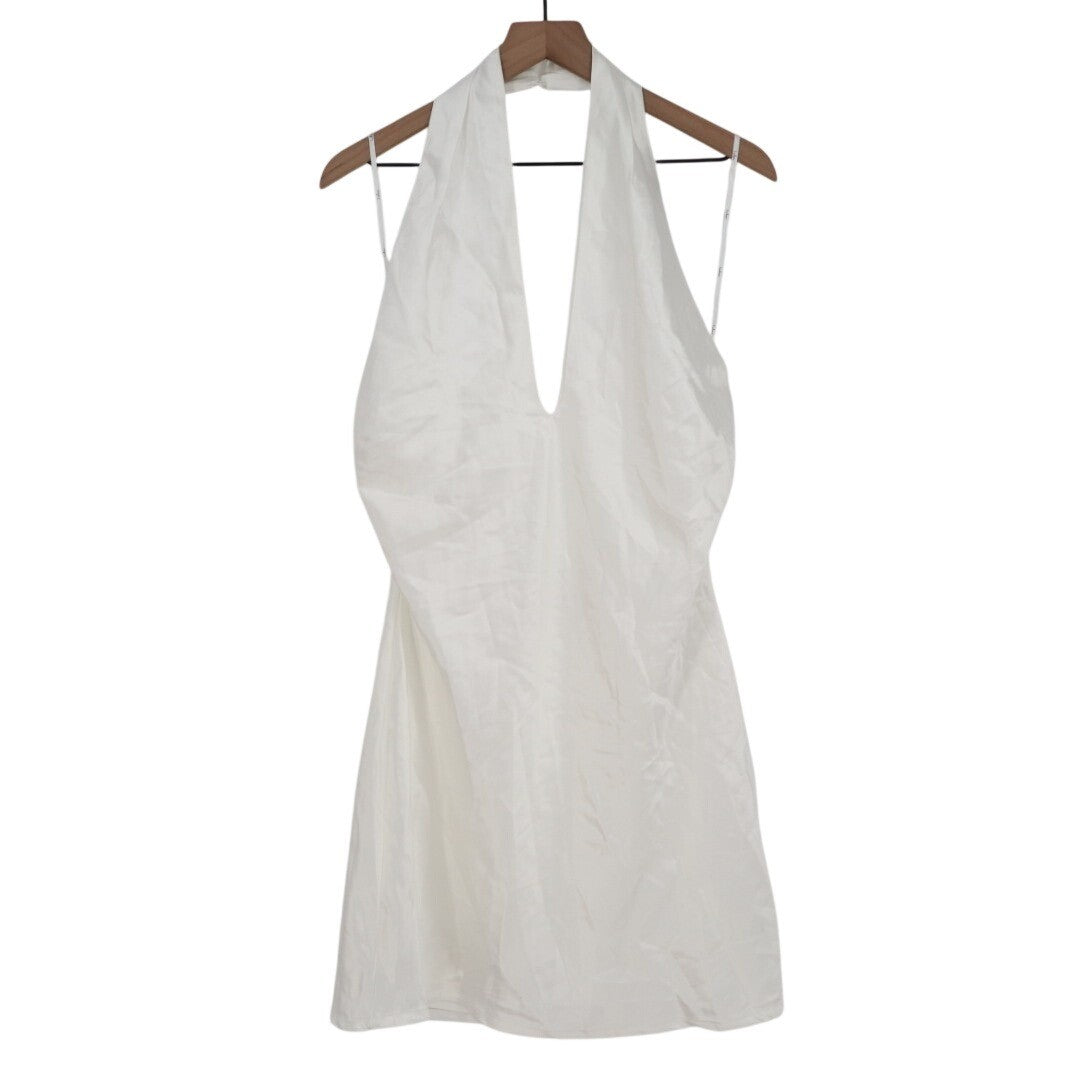 Lulus Beyond Classy Mini Dress Womens L White Stretch Satin Halter Neck Back Zip