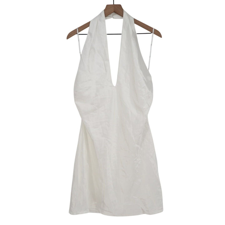 Lulus Beyond Classy Mini Dress Womens L White Stretch Satin Halter Neck Back Zip