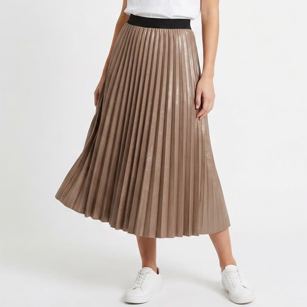 Taupe Bronze Metallic Pleated Midi Skirt Black Elastic Waist Small Accordion