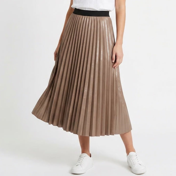 Taupe Bronze Metallic Pleated Midi Skirt Black Elastic Waist Small Accordion