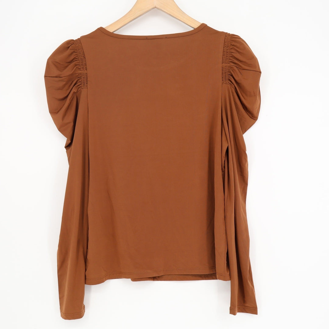 Express Brown Puff Sleeve Smocked Conscious Edit Top NWT M