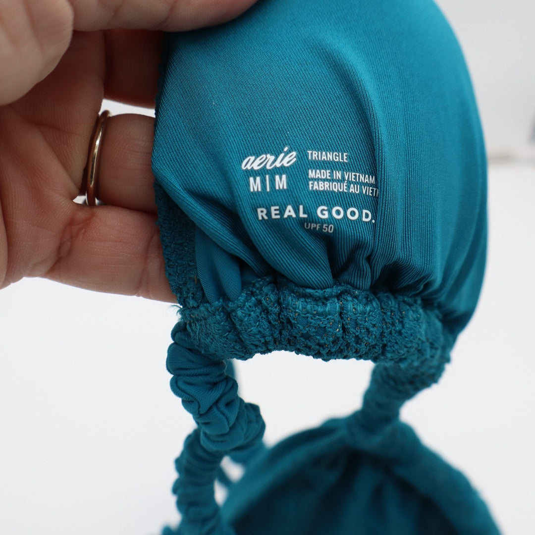 Aerie Bikini Top Womens M Real Good Triangle Teal Textured Eyelet Excellent