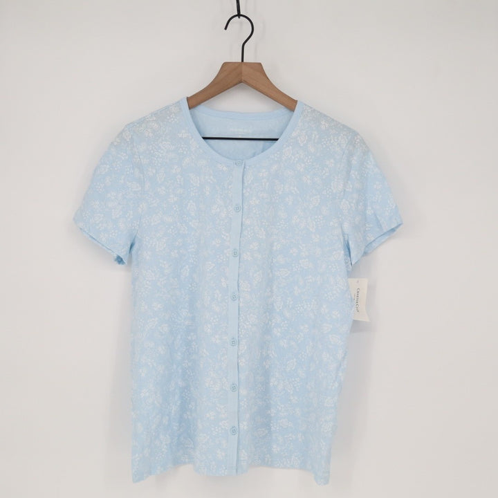 Charter Club Cropped Pajama Top Womens Medium Blue Floral Cotton Button Front