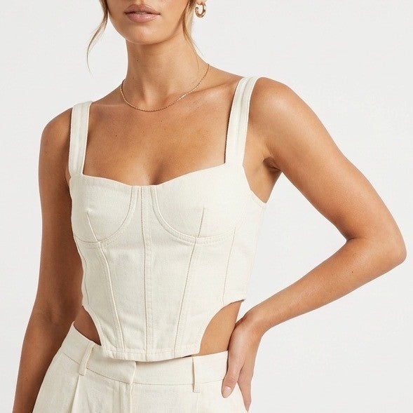Zara Corset Top Womens Large White Denim Cotton Stretch Back Zip Wide Strap