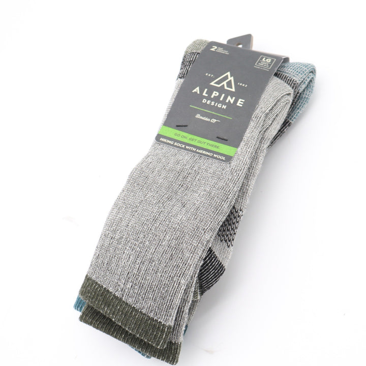 Alpine Design Mens Merino Wool Blend Hiking Crew Socks 2-Pair Pack Gray LG 9-12