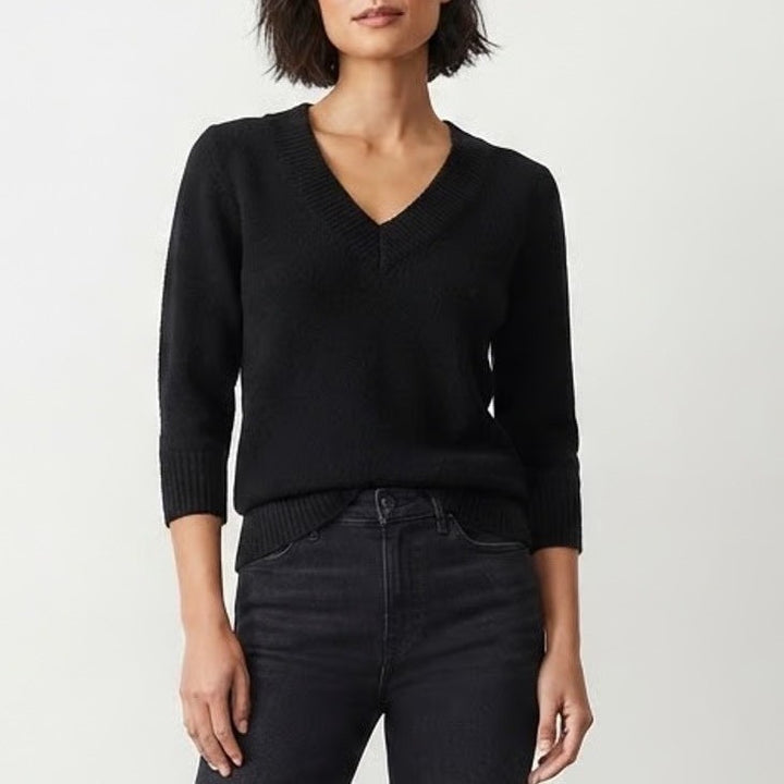 Ann Taylor Black V-Neck Knit Sweater 3/4 Sleeve Ribbed Trim Womens Size S