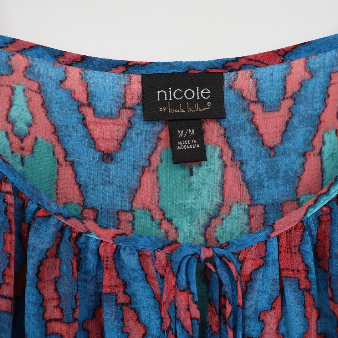 Nicole Miller M Cold Shoulder Tie Neck Blouse Top Geometric Print Blue Pink M