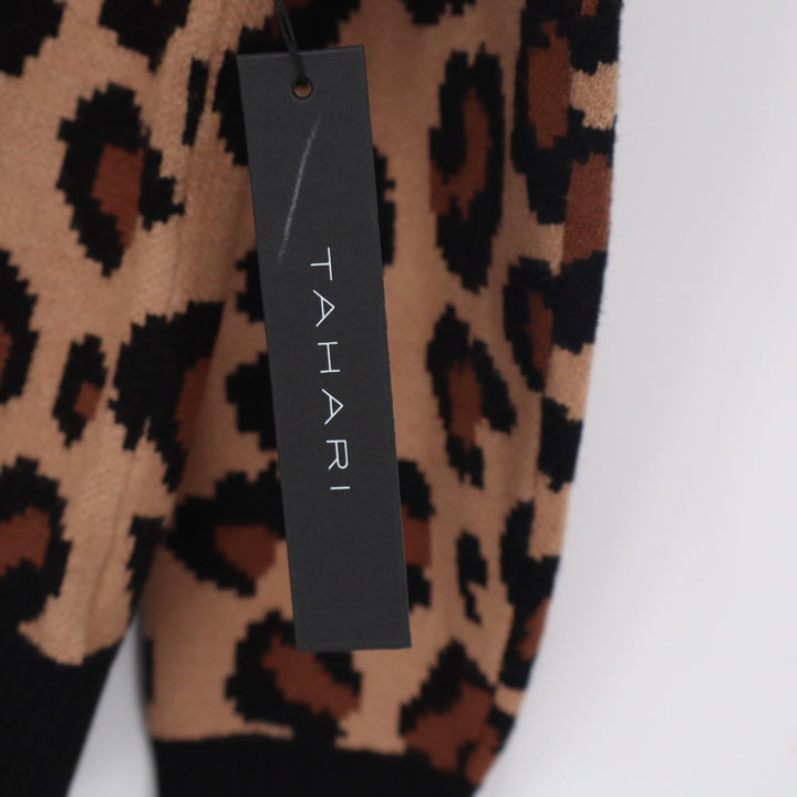 Tahari Womens Leopard Print V-Neck Sweater Tan Black Long Sleeve Knit Size M
