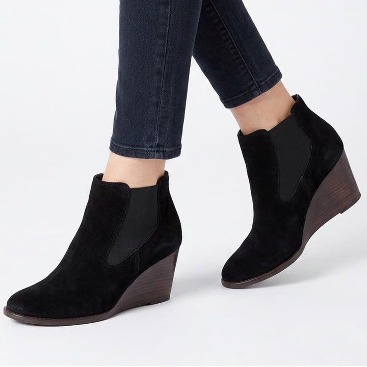 Lucky Brand LP-YAMKA Black Suede Wedge Ankle Boots Womens 6.5M Chelsea Booties