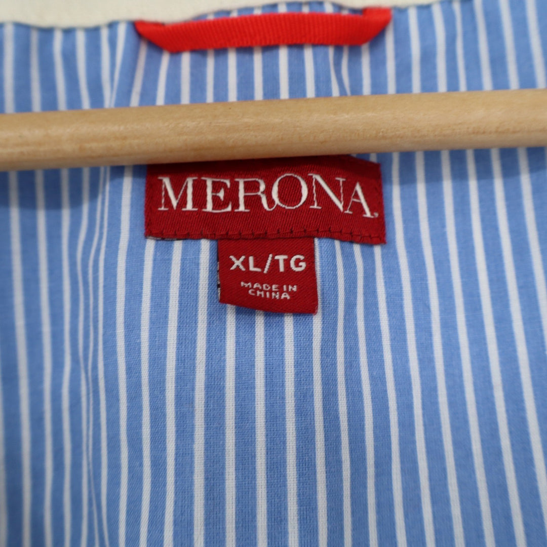 Merona Womens XL Linen Striped Blazer Cream Blue Collarless 3/4 Sleeve Jacket