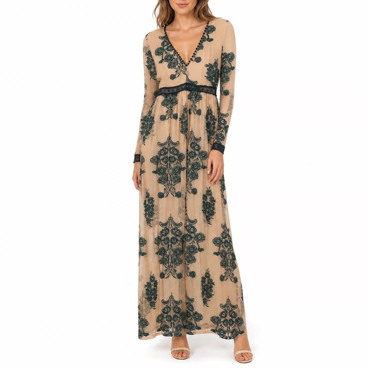The Clothing Company Green Floral Embroidered Mesh Maxi Dress Nude Small