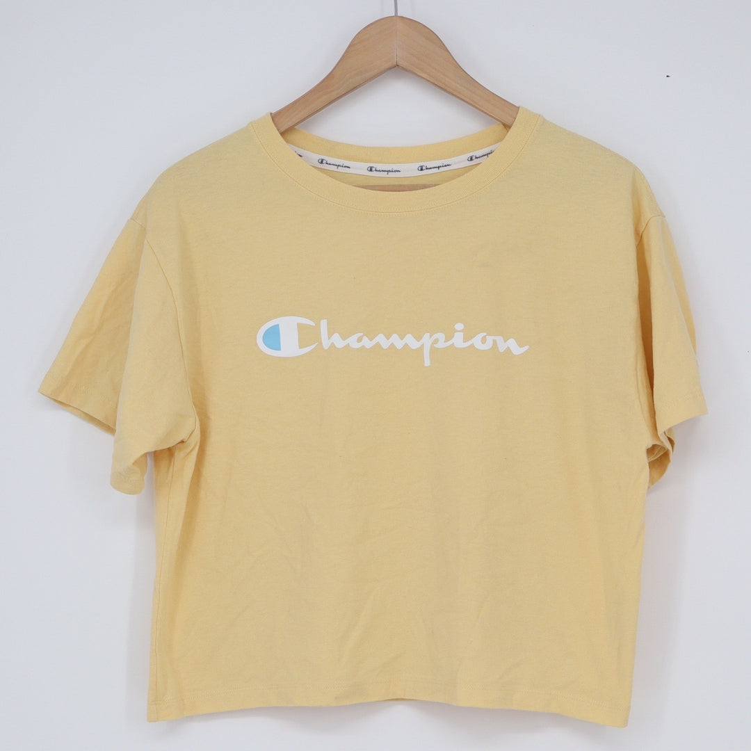Champion Womens Script Logo T-Shirt Yellow Short Sleeve Boxy Fit Size M