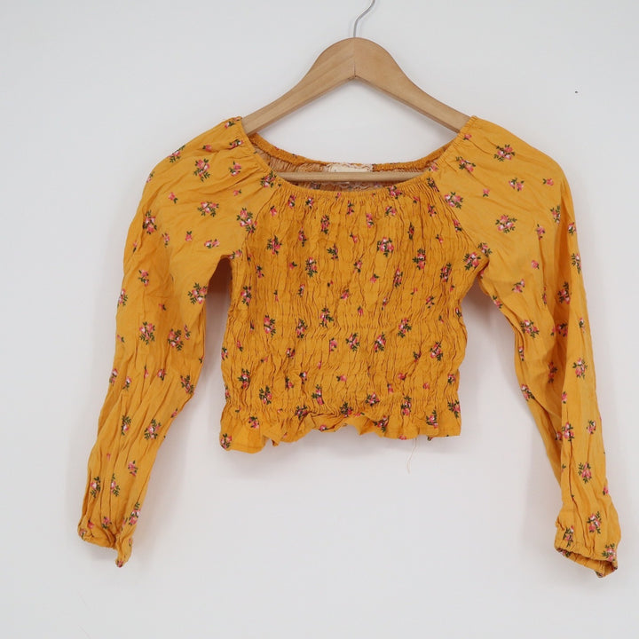 Btween Girls Mustard Yellow Floral Smocked Long Sleeve Crop Top Size 12