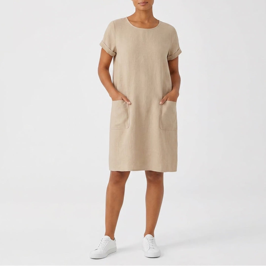 J. Jill Tan Silk Linen Blend Short Sleeve Shift Dress with Pockets Large L