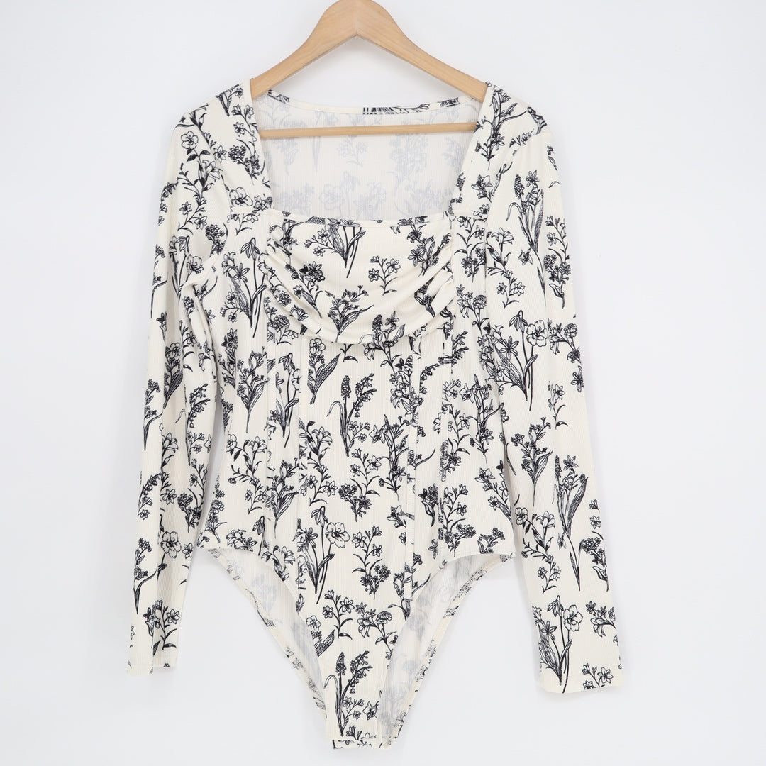 YOZY Womens Floral Ribbed Long Sleeve Bodysuit Cream Black Square Neck Large