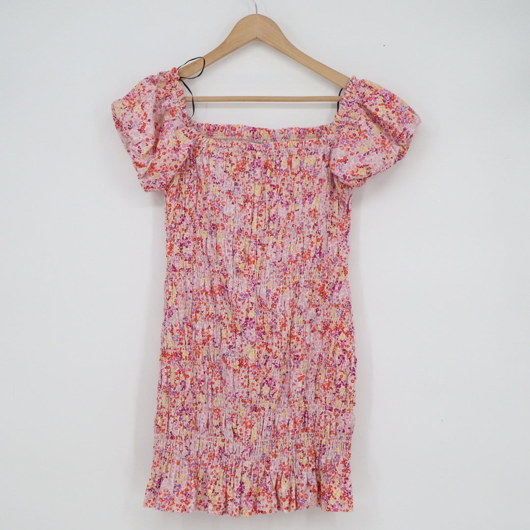 HM Pink Floral Smocked Mini Dress Puff Sleeve Cotton Linen Blend Size M