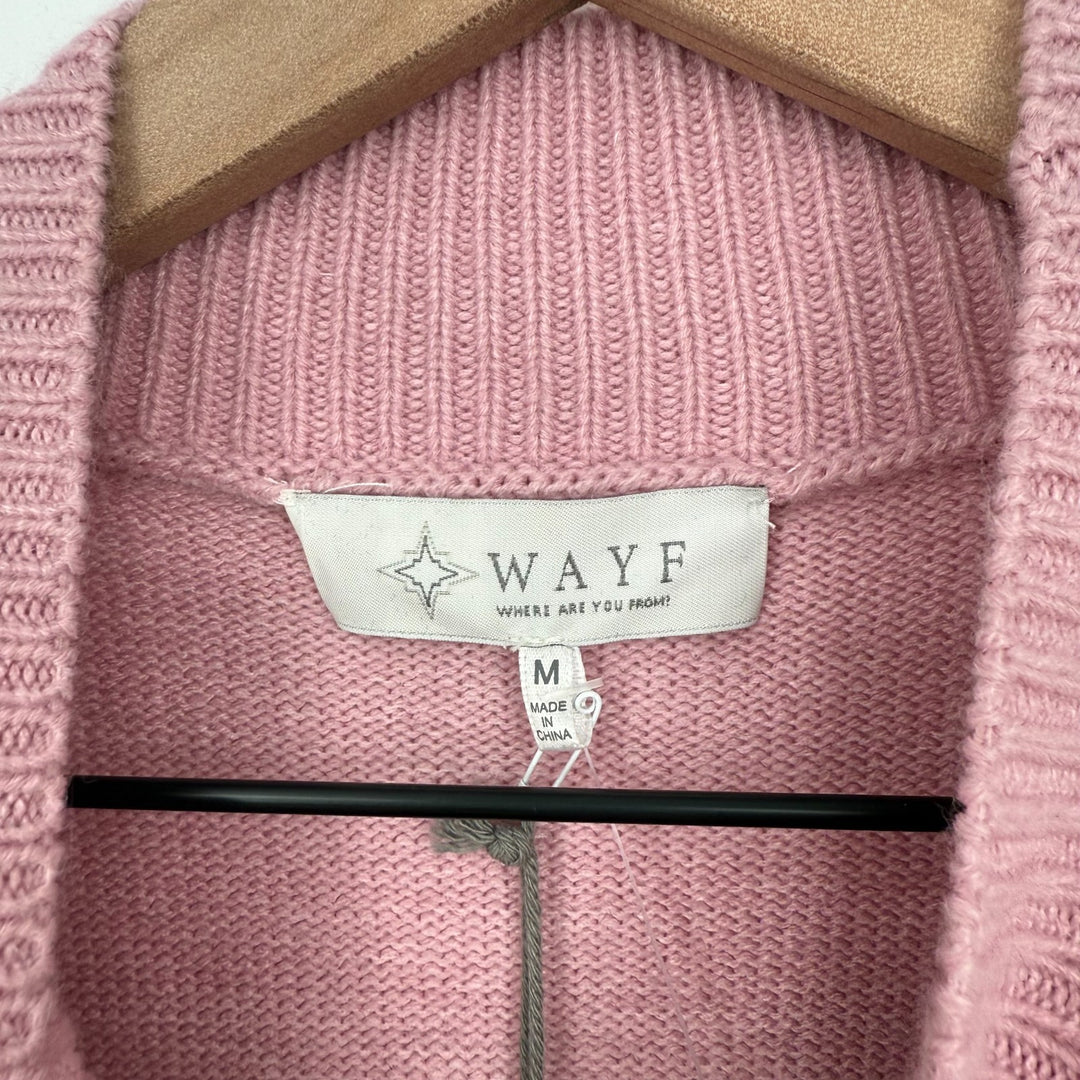 Wayf Lola Sweater Dress Women Medium Pink Nylon Puff Sleeve Mock Neck Tight Knit