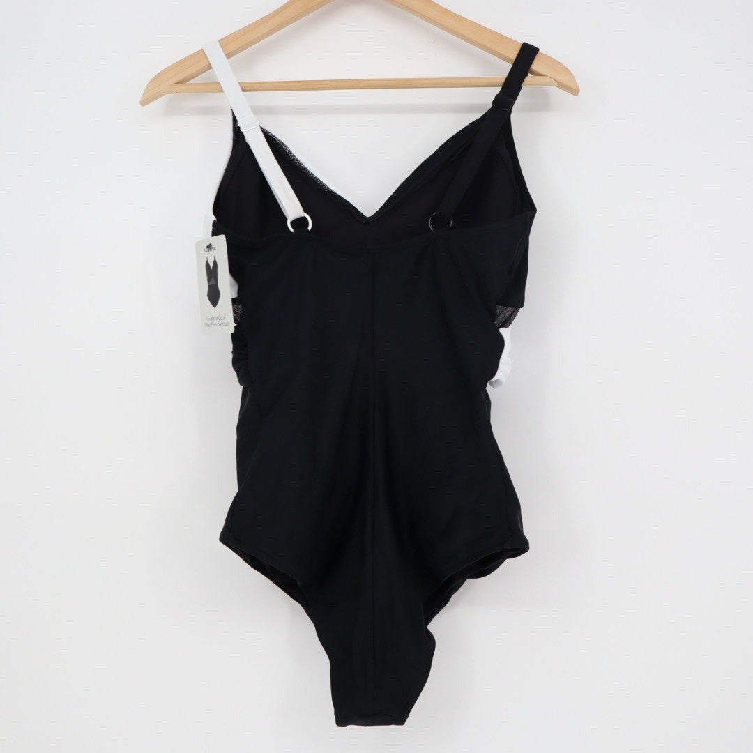 Leonisa Black White One Piece Swimsuit Ruched Tummy Control Size XL
