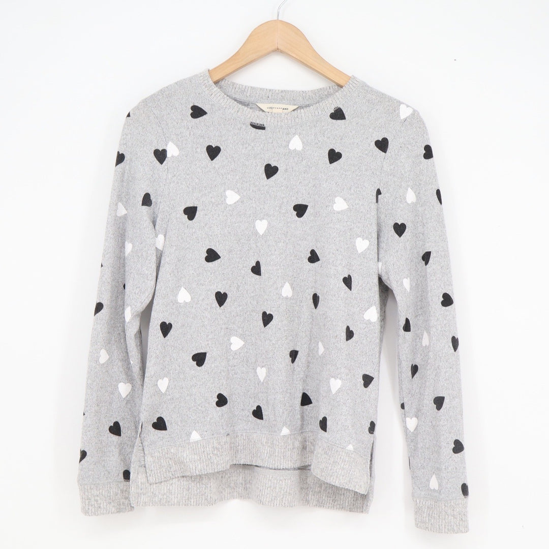 Lucky Brand Gray Heart Print Pullover Sweatshirt Womens Small Crew Neck