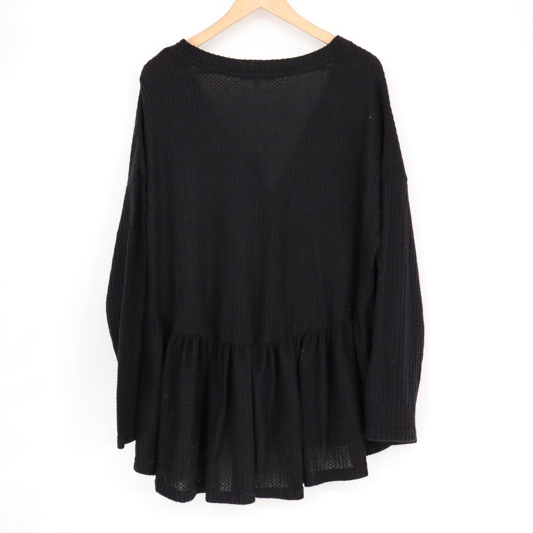 Park Adelyn Peplum Babydoll Blouse Top Women Large Black Henley Neck Waffle Knit
